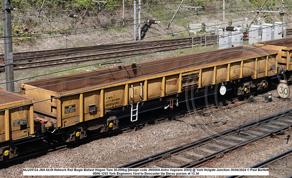 NLU29124 JNA 64.0t Network Rail Bogie Ballast Wagon Tare 26.000kg [design code JNO60A Astro Vagoane 2003] @ York Holgate Junction 2024-04-30 © Paul Bartlett w