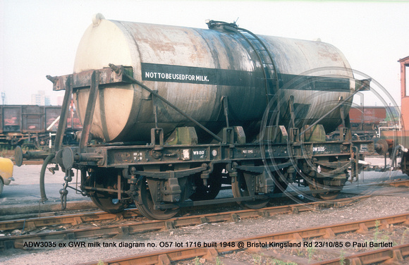 ADW3035 ex GWR milk tank diagram no. O57 lot 1716 built 1948 @ Bristol Kingsland Rd 85-10-23 © Paul Bartlett w