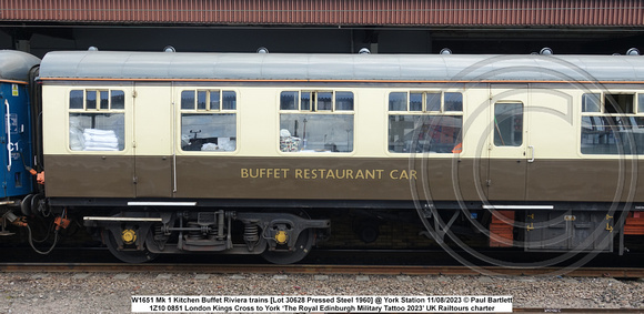 W1651 Mk 1 Kitchen Buffet Riviera trains [Lot 30628 Pressed Steel 1960] @ York Station 2023-08-11 © Paul Bartlet [2w]