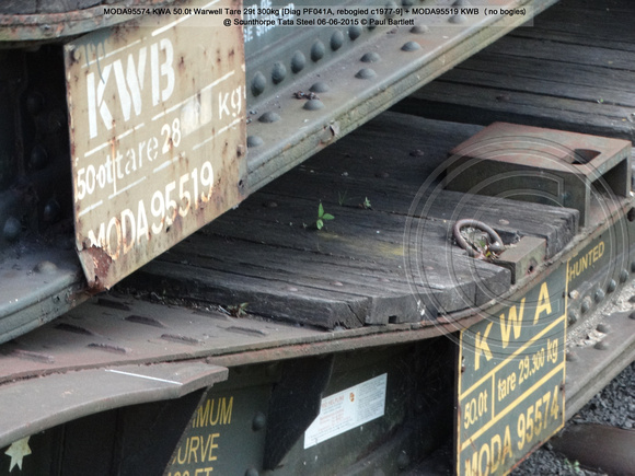 MODA95574 KWA 50.0t Warwell Tare 29t 300kg [Diag PF041A, rebogied c1977-9] + MODA95519 KWB (no bogies) @ Scunthorpe Tata Steel 2015-06-06 © Paul Bartlett 6w]