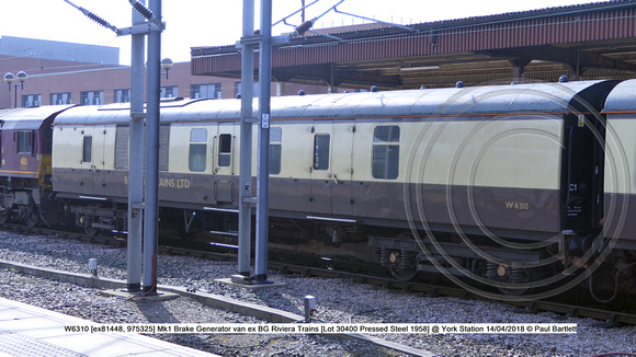 W6310 [ex81448, 975325] Mk1 Brake Generator van ex BG Riviera Trains [Lot 30400 Pressed Steel 1958] @ York Station 2018-04-14 © Paul Bartlett [5w]