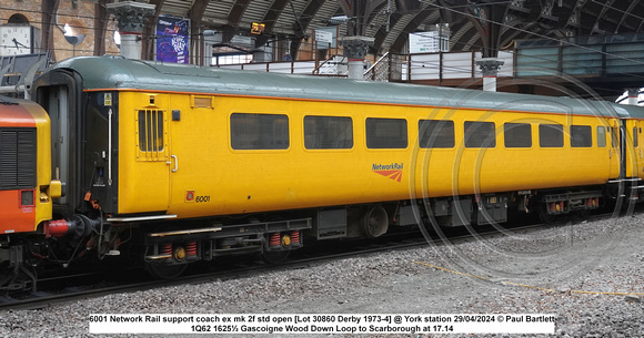 6001 Network Rail support coach ex mk 2f std open [Lot 30860 Derby 1973-4] @ York station 2024-04-29 © Paul Bartlett [4w]
