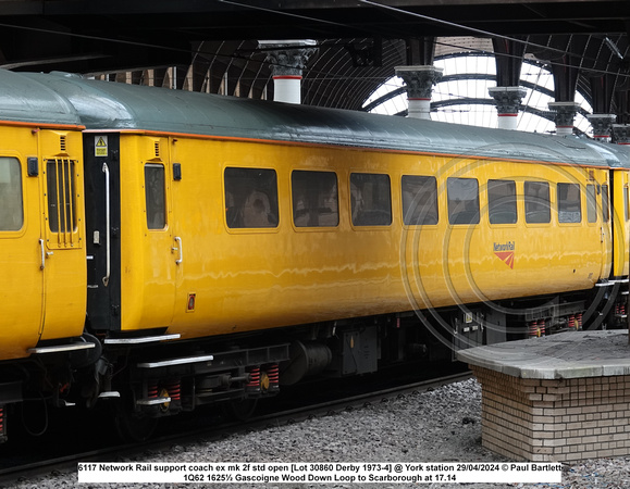 6117 Network Rail support coach ex mk 2f std open [Lot 30860 Derby 1973-4] @ York station 2024-04-29 © Paul Bartlett [2w]