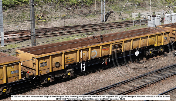 NLU29104 JNA 64.0t Network Rail Bogie Ballast Wagon Tare 26.000kg [design code JNO60A Astro Vagoane 2003] @ York Holgate Junction 2024-04-30 © Paul Bartlett w