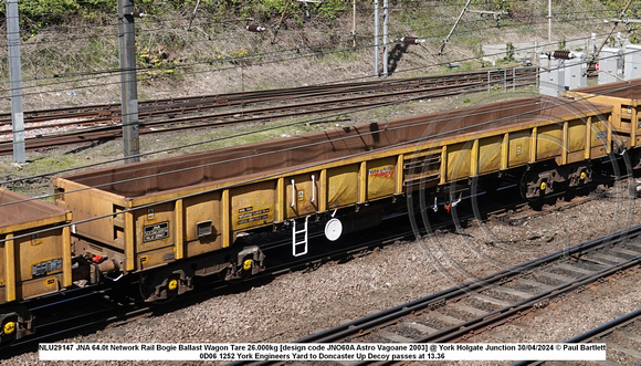 NLU29147 JNA 64.0t Network Rail Bogie Ballast Wagon Tare 26.000kg [design code JNO60A Astro Vagoane 2003] @ York Holgate Junction 2024-04-30 © Paul Bartlett w