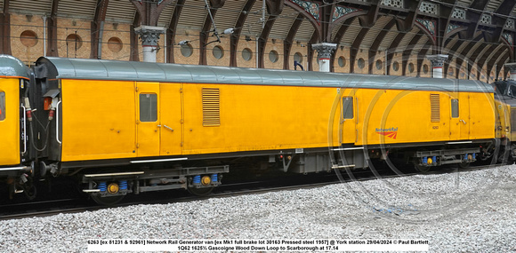 6263 [ex 81231 & 92961] Network Rail Generator van [ex Mk1 full brake lot 30163 Pressed steel 1957] @ York station 2024-04-29 © Paul Bartlett [3w]
