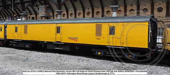 6263 [ex 81231 & 92961] Network Rail Generator van [ex Mk1 full brake lot 30163 Pressed steel 1957] @ York station 2024-04-29 © Paul Bartlett [1w]