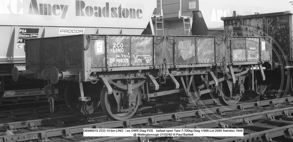 DB988015 ZCO 14 ton LING ballast open@ Wellingborough 82-02-21 © Paul Bartlett w