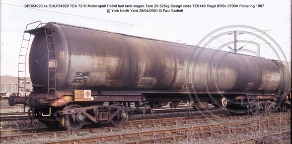 BPO84920 ex GULF84920 TEA Motor spirit Petrol fuel tank wagon @ York North Yard 2001-04-28 � Paul Bartlett [1w]