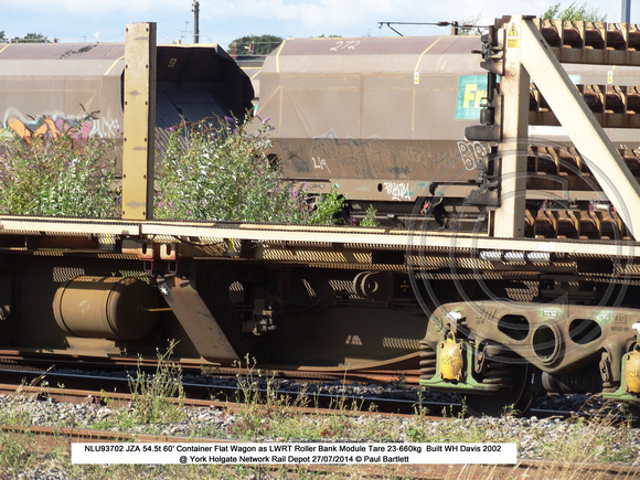 NLU93702 JZA 60' Container Flat Wagon - LWRT Roller Bank Module @ York Holgate Network Rail Depot 2014-07-27 � Paul Bartlett [5w]