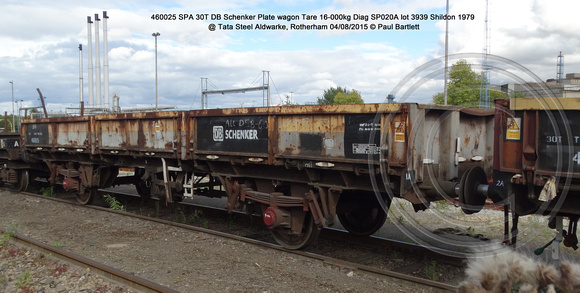 460025 SPA 30T DB Schenker Plate wagon @ Tata Steel Aldwarke, Rotherham 2015-08-04 © Paul Bartlett [bw]