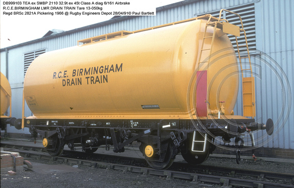 DB999103 TEA ex SMBP 2110 LMR drain train @ Wellingborough 89-02-19 � Paul Bartlett w