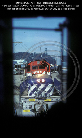 S403   606 from cab of steam 2860 @ Vancouver BCR 09 July 88 � Paul Bartlett w