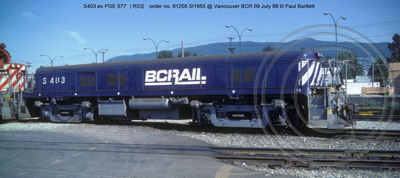 S403 slug ex PGE 577 rebuilt Alco @ Vancouver BCR 09 July 88 � Paul Bartlett w