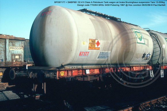 BPO67177 = SMBP661 32.41t Class A Petroleum Tank wagon air brake Design code TT026X BRSc 3459 Pickering 1967 @ Hoo Junction 88-02-06 © Paul Bartlett w