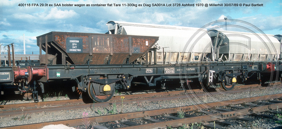 400118 FPA ex SAA bolster wagon as container flat ex Diag SA001A Lot 3728 Ashford 1970 @ Millerhill 89-07-30 © Paul Bartlett w