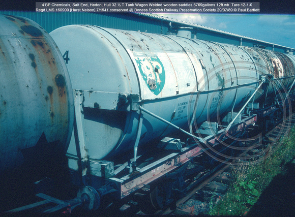 4 BP Chemicals, 32 ½ T Tank Wagon 12ft wb  7-1941 conserved @ Boness SRPS 89-07-29 © Paul Bartlett [1w]