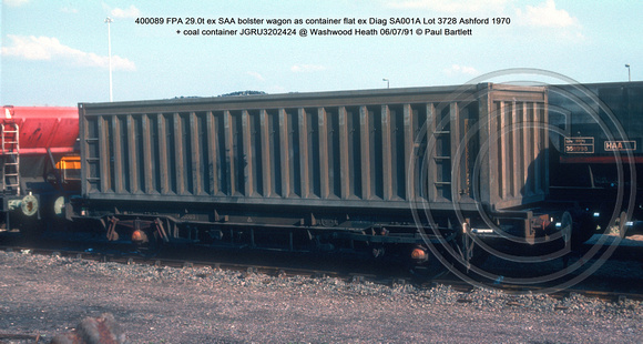 400089 FPA ex SAA bolster wagon as container flat ex Diag SA001A Lot 3728 Ashford 1970 + coal container JGRU3202424 @ Washwood Heath 91-07-06 © Paul Bartlett w