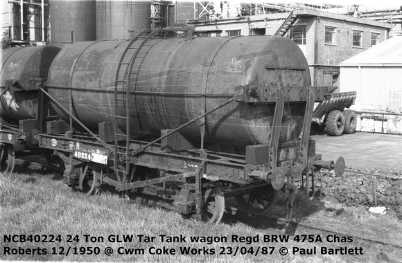 NCB40224 Tar Tank Wagon BRW 475A Chas Roberts 12/1950Cwm Coke Works 87-04-23