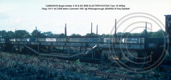 LDB940425 Bogie bolster C M & EE BRB ELECTRIFICATION Diag 1-471 lot 2308 Metro Cammell 1951 @ Wellingborough 82-09-26 © Paul Bartlett w