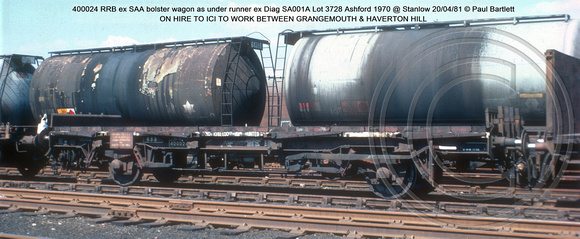 400024 RRB ex SAA bolster wagon as under runner ex Diag SA001A Lot 3728 Ashford 1970 @ Stanlow 81-04-20 © Paul Bartlett W
