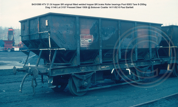 B431098 HTV 21.5t hopper BR  fitted welded hopper BR brake Diag 1-146  1958 @ Bolsover Coalite 92-11-14 © Paul Bartlett w