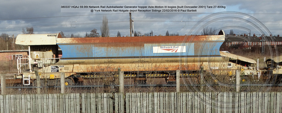 380337 HQAJ 59.95t Network Rail Autoballaster Generator hopper [built Doncaster 2001] Tare 27-800kg @ York Network Rail Reception Sidings 2016-02-22 © Paul Bartlett [04w]