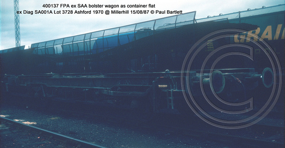 400137 FPA ex SAA bolster wagon as container flat ex Diag SA001A Lot 3728 Ashford 1970 @ Millerhill 87-08-15 © Paul Bartlett w