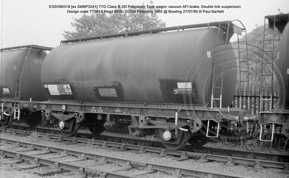 ESSO66318 [ex SMBP3241] TTG Class B 32t Petroleum Tank wagon vacuum AFI brake, Double link suspension Design code TT091X Regd BRSc 2070A Pickering 1965 @ Bowling 90-07-27 © Paul Bartlett w