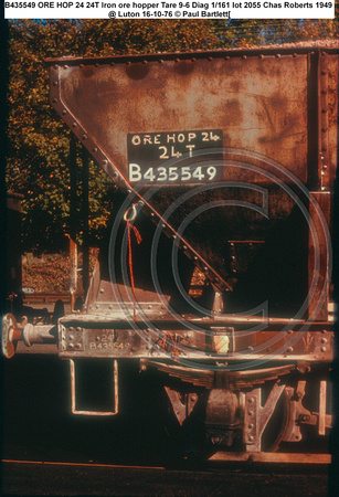 B435549 ORE HOP 24 24T Iron ore hopper Diag 1161 lot 2055 Chas Roberts 1949 @ Luton 1976-10-16 © Paul Bartlett [2w]