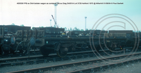 400038 FPB ex SAA bolster wagon as container flat ex Diag SA001A Lot 3728 Ashford 1970 @ Millerhill 84-06-01 © Paul Bartlett w