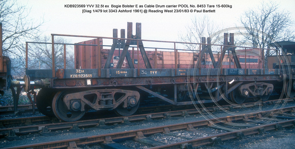 KDB923569 YVV ex  Bogie Bolster E as Cable Drum carrier POOL No. 8453 [Diag 1-479 lot 3343 Ashford 1961] @ Reading West 83-01-23 © Paul Bartlett w