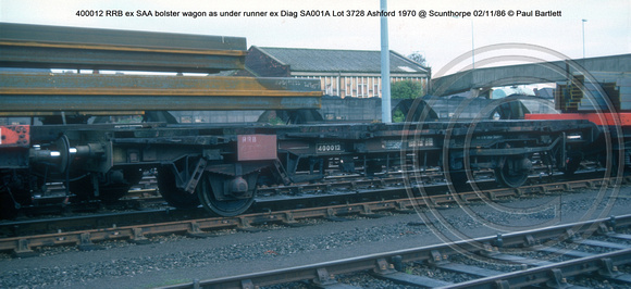 400012 RRB ex SAA bolster wagon as under runner ex Diag SA001A Lot 3728 Ashford 1970 @ Scunthorpe 86-11-02 © Paul Bartlett w