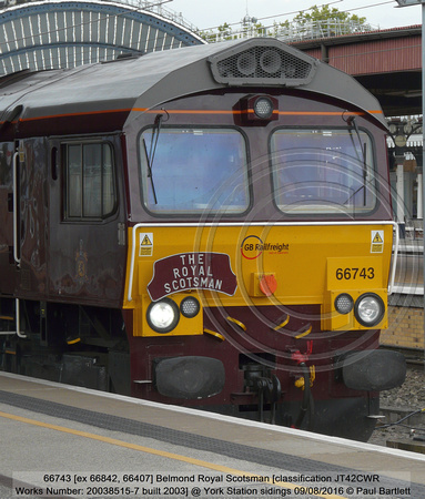 66743 [ex 66842, 66407] Belmond Royal Scotsman [classification JT42CWR Works No 20038515-7 built 2003] @ York Station sidings 2016-08-09 © Paul Bartlett [13w]