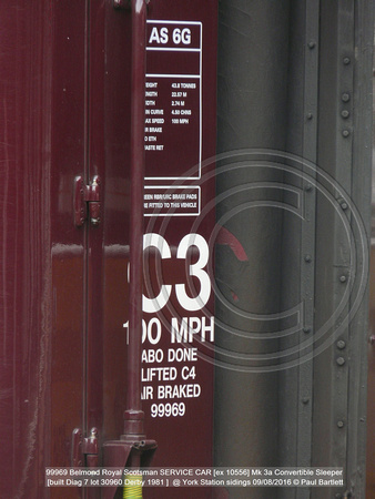 99969 Belmond Royal Scotsman SERVICE CAR [ex 10556] Mk 3a Convertible Sleeper [built Diag 7 lot 30960 Derby 1981 ]  @ York Station sidings 2016-08-09 © Paul Bartlett [03w]