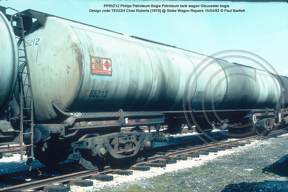PP85212 Philips Petroleum Bogie Petroleum tank wagon Gloucester bogie Design code TE022H Chas Roberts [1970] @ Stoke Wagon Repairs 82-04-15 © Paul Bartlett w