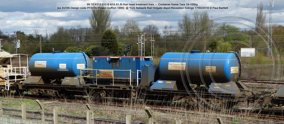 99 70 9310 012-8 KFA 61.6t Rail head treatment train – Container frame [ex AVON Design code PF007D Powell Duffryn 1985] @ York NR Holgate depot Reception Sidings 2016-04-17 © Paul Bartlett [1w]