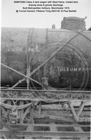 SMBP2065 tank wagon with Steel frame, riveted tank, bracing wires Built 1915 @ Tunnel Cement, Pitstone Tring 26-01-91 © Paul Bartlett [07w]