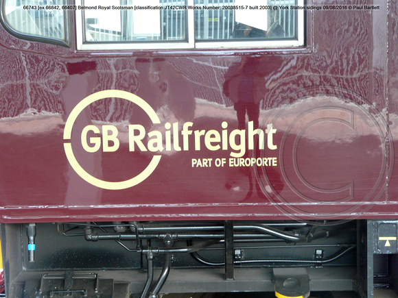 66743 [ex 66842, 66407] Belmond Royal Scotsman [classification JT42CWR Works No 20038515-7 built 2003] @ York Station sidings 2016-08-09 © Paul Bartlett [12w]
