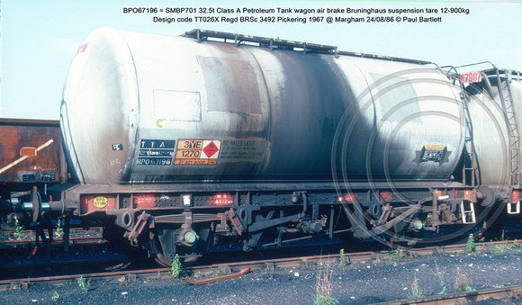BPO67196 = SMBP701 Class A Petroleum Tank wagon air brake Bruninghaus suspension Regd Design code TT026X BRSc 3492 Pickering 1967 @ Margham 86-08-24 © Paul Bartlett w