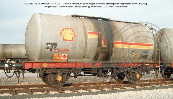 SUKO67315 [= SMBP967] TTA 32.7t Class A Petroleum Tank wagon air brake Design code TT091N Powell Duffryn 1967 @ Shellhaven 92-01-03 © Paul Bartlett w