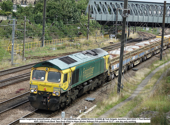 66420 Freightliner [classification JT42CWR-T1 GM EMDWorks no 20058700-010 10-2006] @ York Holgate Junction 2023-07-28 © Paul Bartlett [2w]