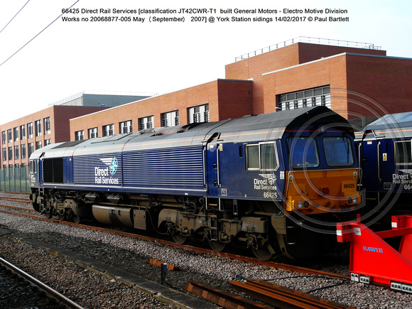 66425 Direct Rail Services [classification JT42CWR-T1  built General Motors - Electro Motive Division Works no 20068877-005 2007] @ York Station sidings 2017-02-14 © Paul Bartlett [1w]