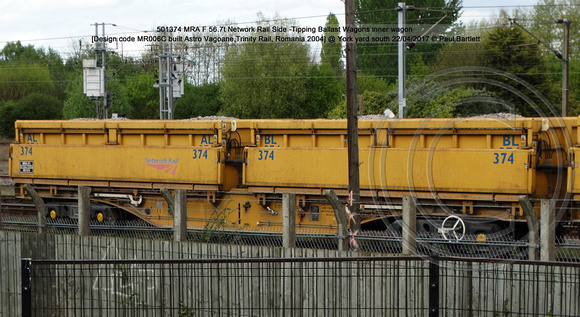 501374 MRA F 56.7t Network Rail Side -Tipping Ballast Wagons inner wagon [Design code MR006C built Astro Vagoane,Trinity Rail, Romania 2004] @ York yard south 2017-04-22 © Paul Bartlett [1w]