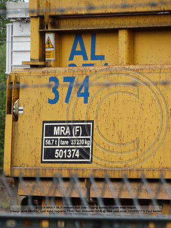 501374 MRA F 56.7t Network Rail Side -Tipping Ballast Wagons inner wagon [Design code MR006C built Astro Vagoane,Trinity Rail, Romania 2004] @ York yard south 2017-04-22 © Paul Bartlett [3w]