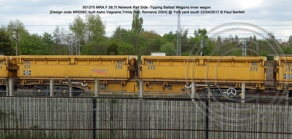 501375 MRA F 56.7t Network Rail Side -Tipping Ballast Wagons inner wagon [Design code MR006C built Astro Vagoane,Trinity Rail, Romania 2004] @ York yard south 2017-04-22 © Paul Bartlett [1w]
