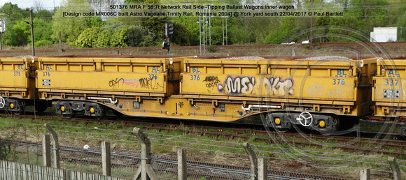 501376 MRA F 56.7t Network Rail Side -Tipping Ballast Wagons inner wagon [Design code MR006C built Astro Vagoane,Trinity Rail, Romania 2004] @ York yard south 2017-04-22 © Paul Bartlett [1w]