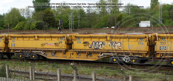 501376 MRA F 56.7t Network Rail Side -Tipping Ballast Wagons inner wagon [Design code MR006C built Astro Vagoane,Trinity Rail, Romania 2004] @ York yard south 2017-04-22 © Paul Bartlett [2w]