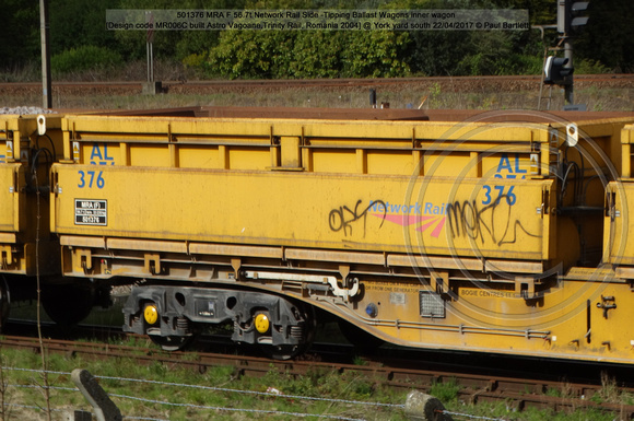 501376 MRA F 56.7t Network Rail Side -Tipping Ballast Wagons inner wagon [Design code MR006C built Astro Vagoane,Trinity Rail, Romania 2004] @ York yard south 2017-04-22 © Paul Bartlett [3w]