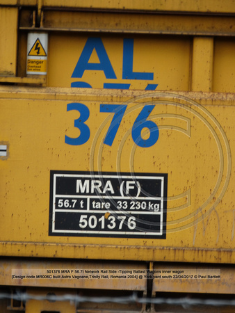 501376 MRA F 56.7t Network Rail Side -Tipping Ballast Wagons inner wagon [Design code MR006C built Astro Vagoane,Trinity Rail, Romania 2004] @ York yard south 2017-04-22 © Paul Bartlett [5w]
